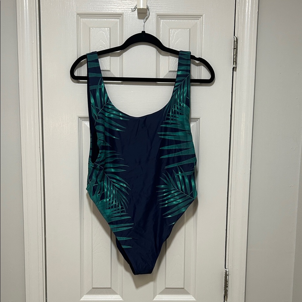 aerie Navy One-Piece Swimsuit with Teal Leaf Accents